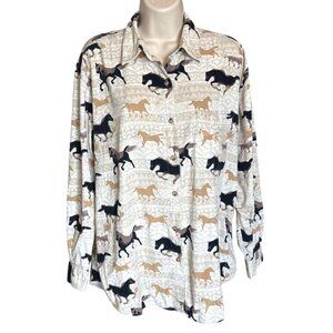 Vtg Bit & Bridle Ladies L Corduroy Shirt Horse Print Button-Up Western Ranch